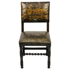 Antique Leather & Wood Chair With Painting on Seat & Backrest, Made in France