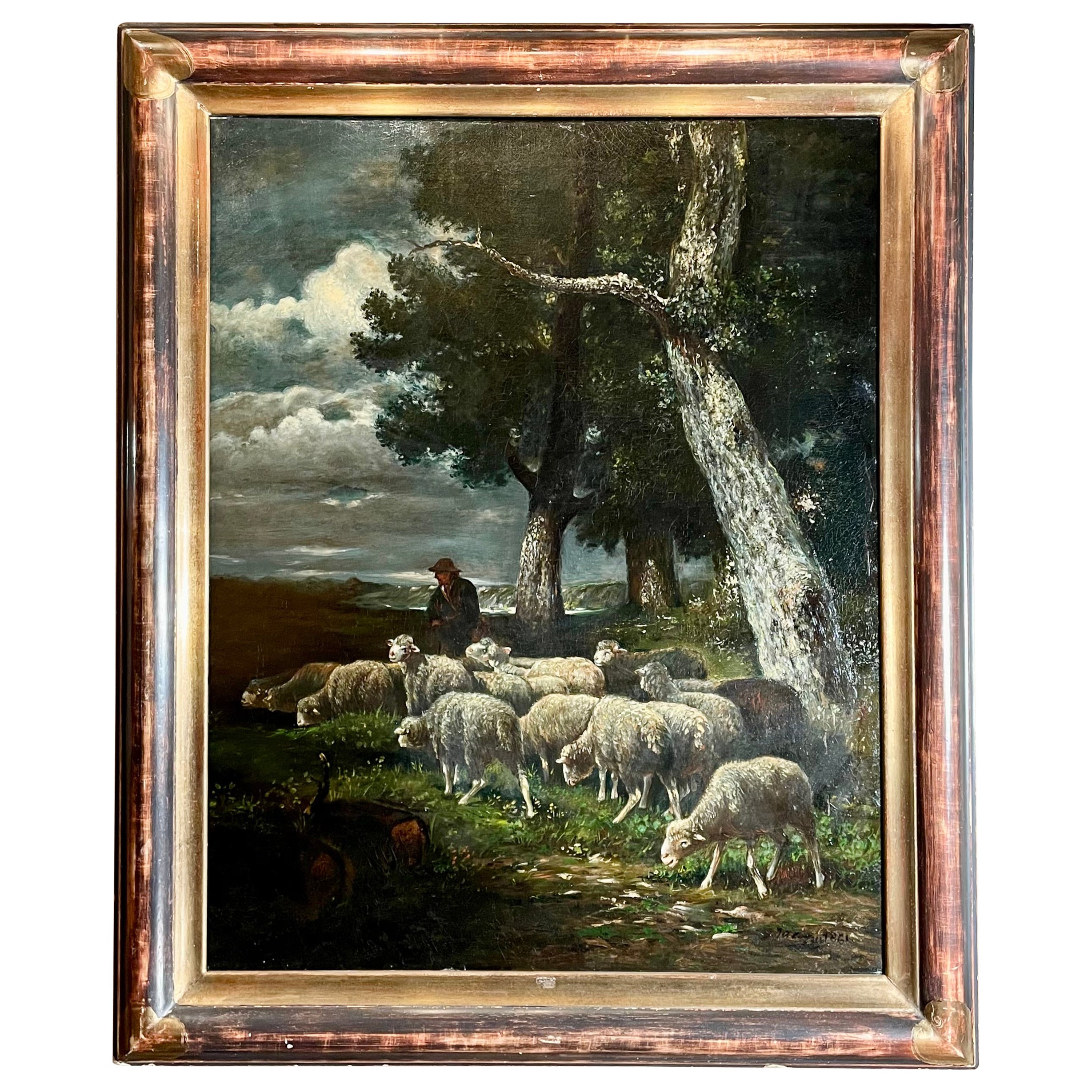 Antique French Oil on Canvas Signed Charles-Émile Jacque For Sale