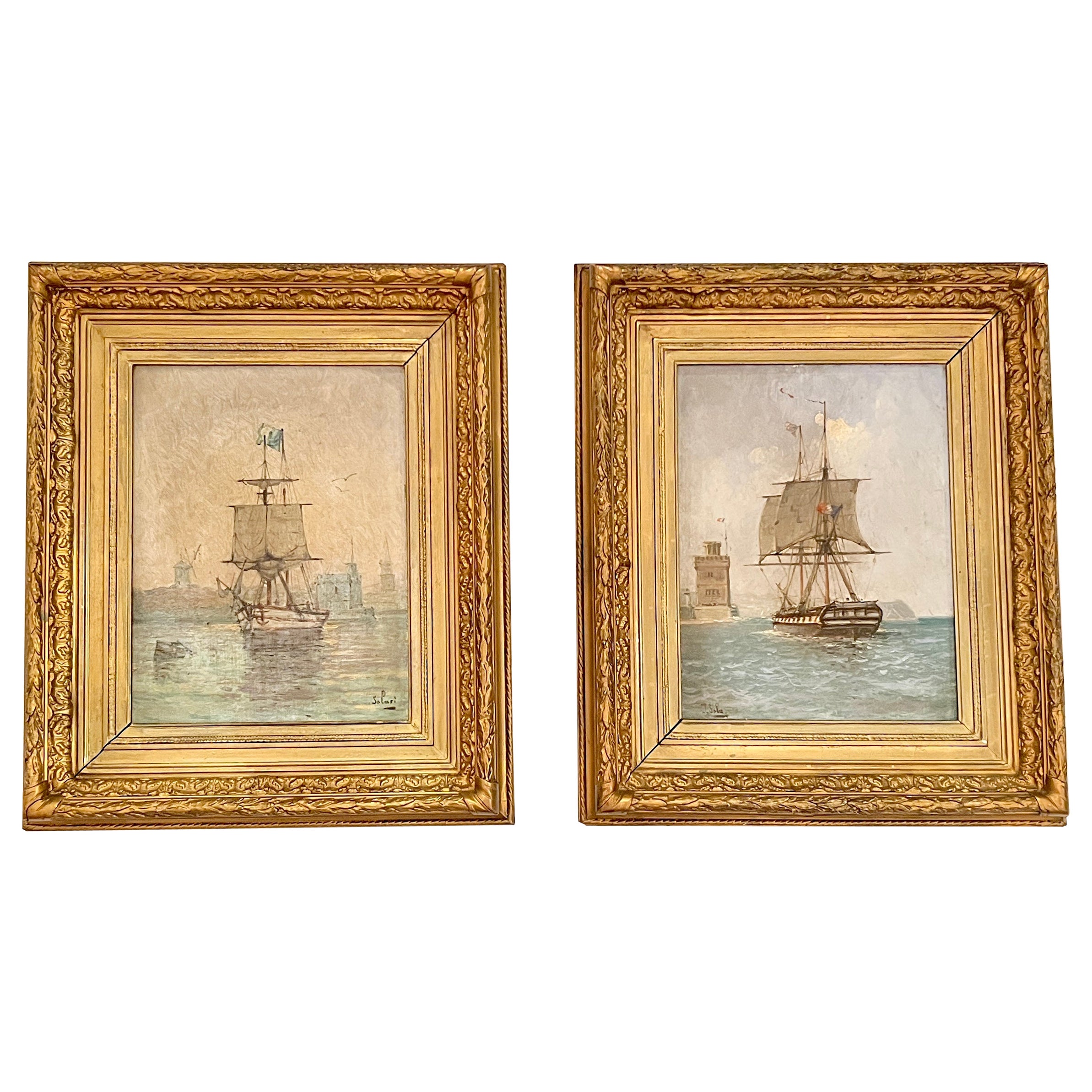 Pair Antique French Oil on Canvas Maritime Paintings 