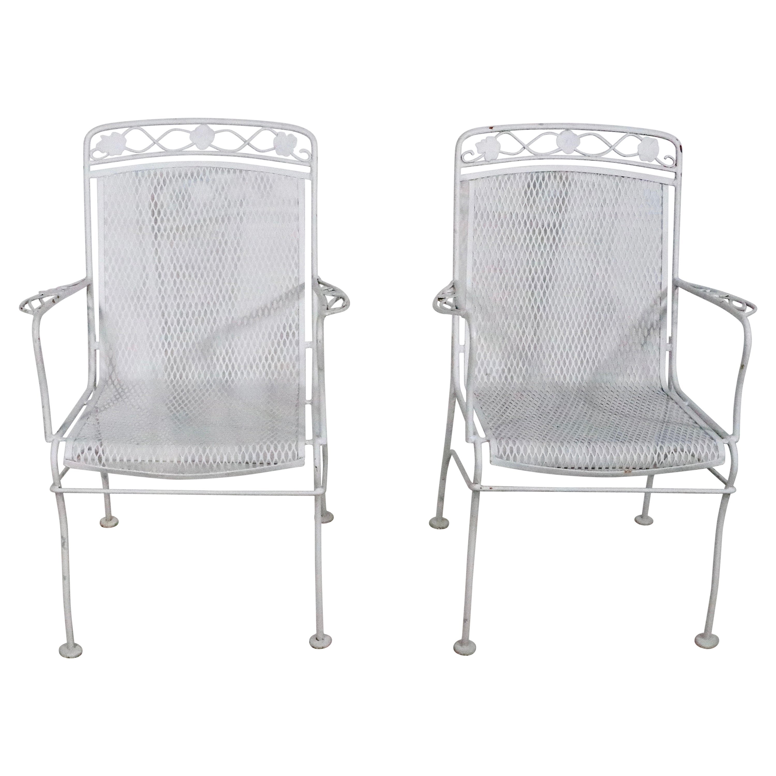 Pr. Wrought Iron Metal Mesh Garden Patio Poolside Chairs by Woodard c. 1950/70's For Sale