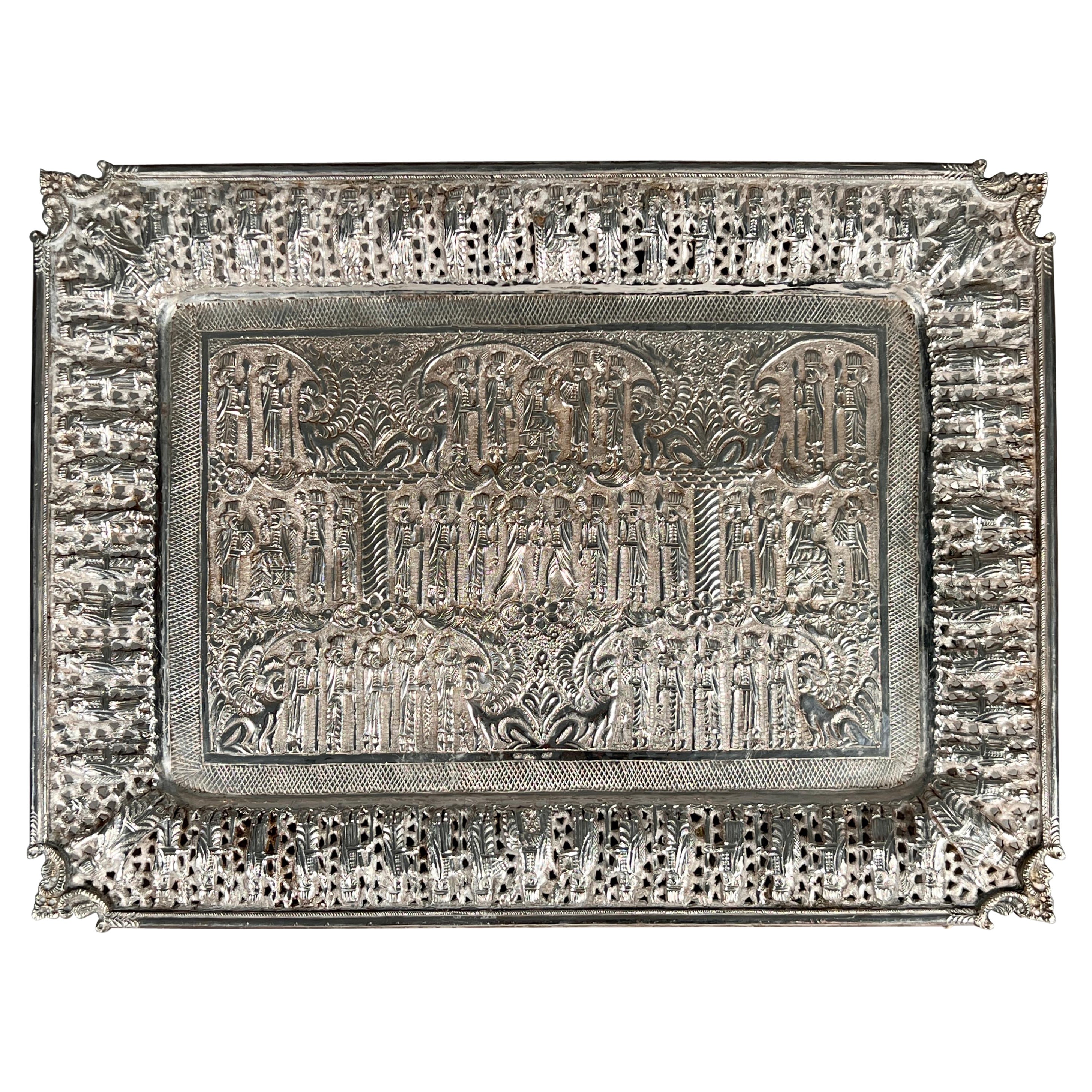 Persian Isfahan Solid Silver Tray / wall plaque For Sale