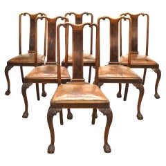 Antique Chippendale Style Oak & Burlwood Leather Seats Dining Chairs, Set of 6