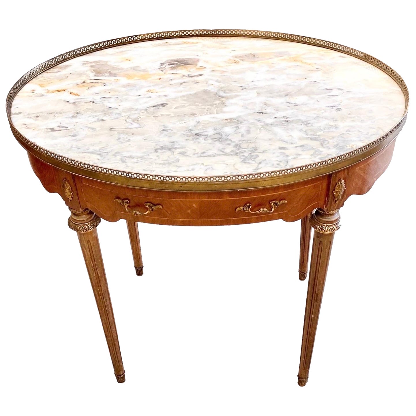 Französischer Bouillote-Tisch im Louis-XVI-Stil mit Intarsien aus geschnitztem Nussbaum und Marmorplatte, 20. 