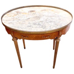 French Louis XVI Style Inlaid Carved Walnut Marble Top Bouillote Table, 20th C. 