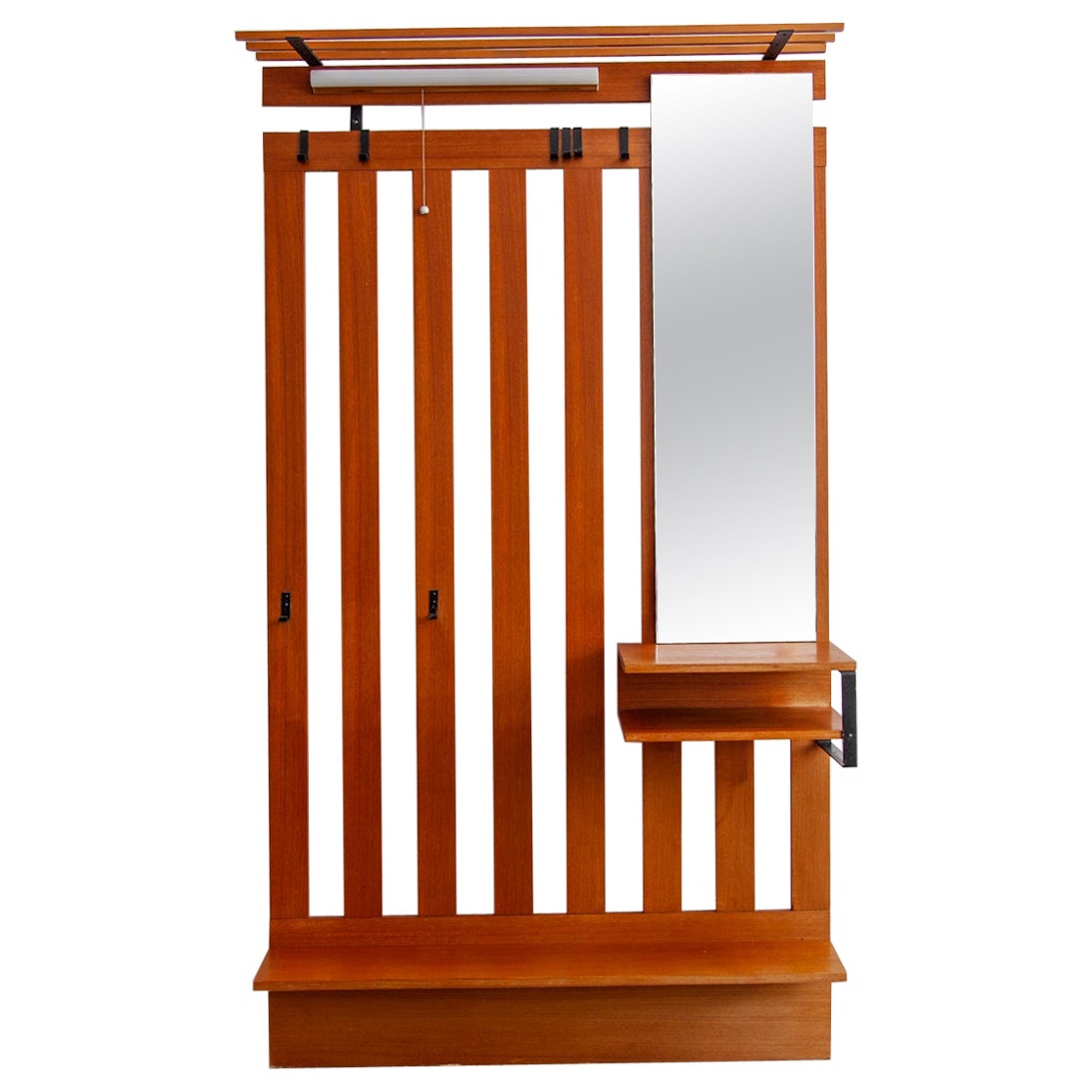 Wall mounted Slatted Large Entry Coat and Hat Rack with Mirror and Shelf, 1960s