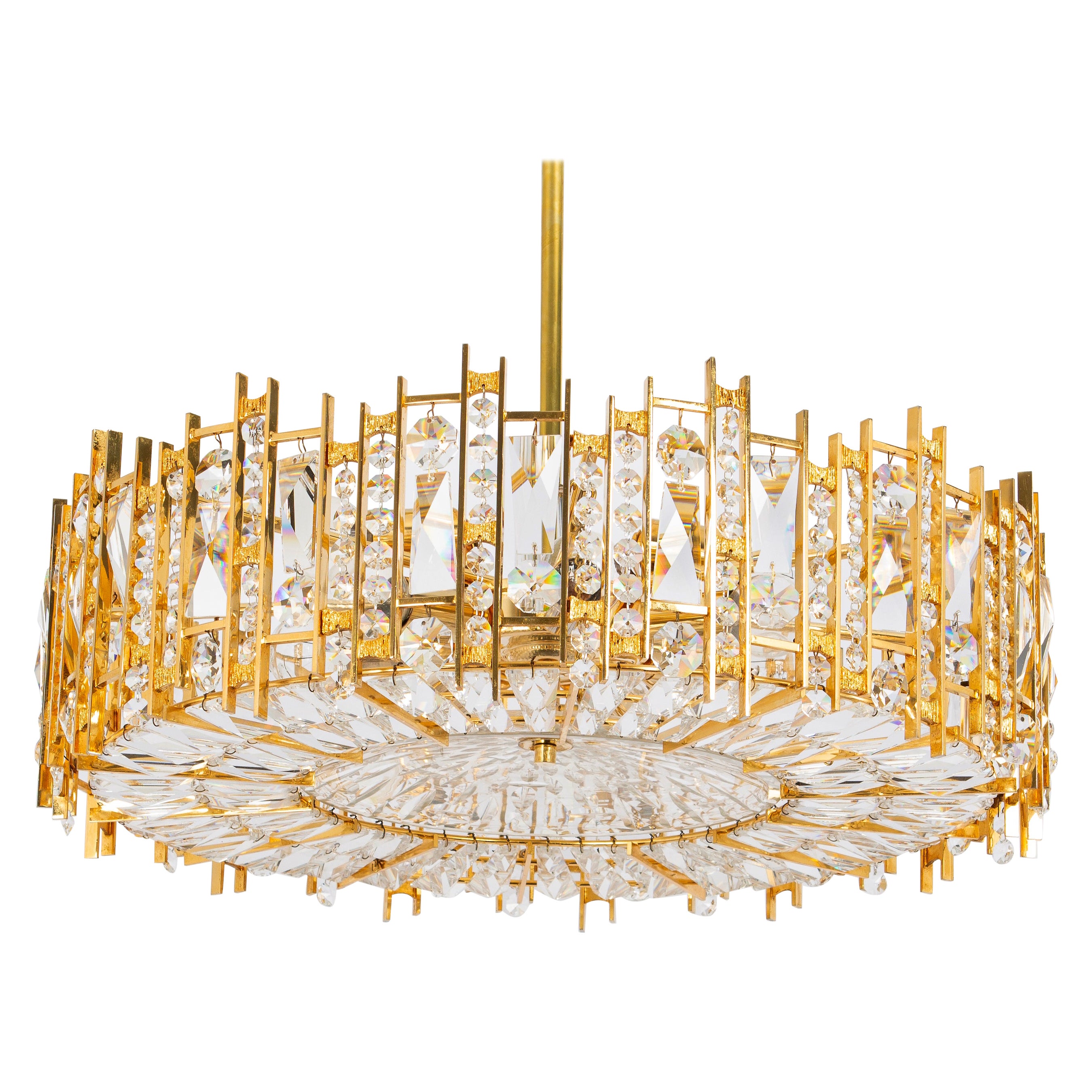 Large Gilt Brass and Crystal Chandelier, by Palwa, Germany, 1970s For Sale