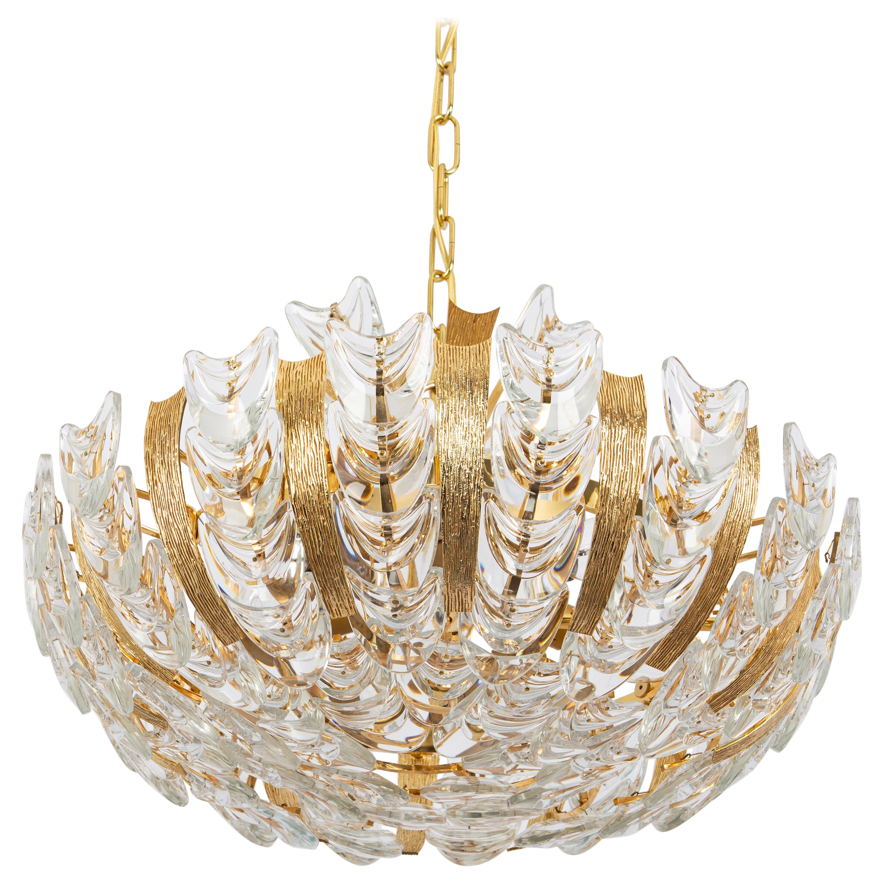 Delicate Gilt Brass Crystal-Glass Flower Chandelier by Palwa, Germany, 1970s For Sale