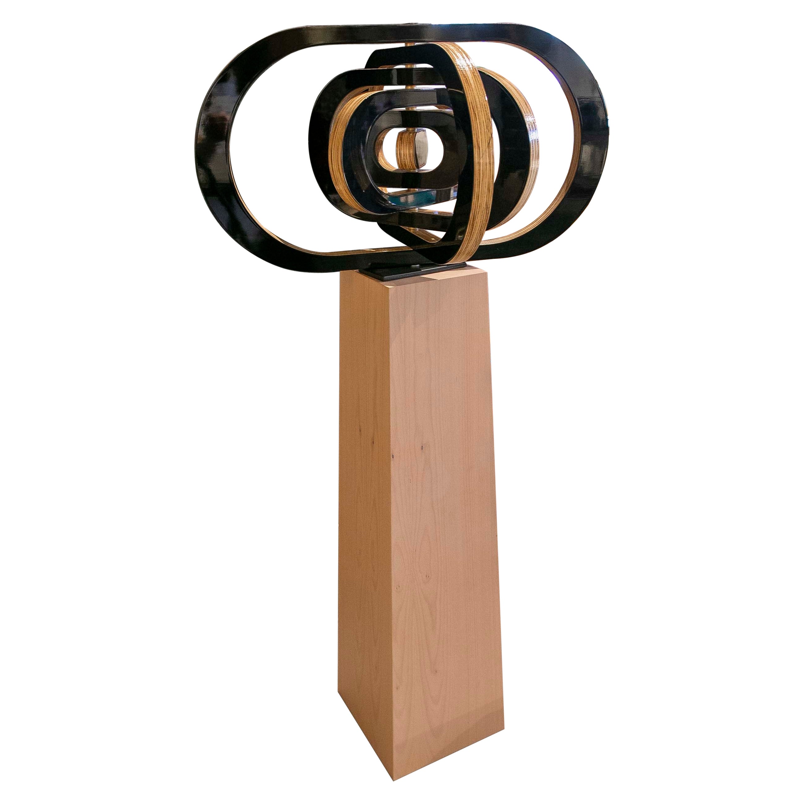 Modern Wooden Sculpture with Black Lacquered Movement with Base