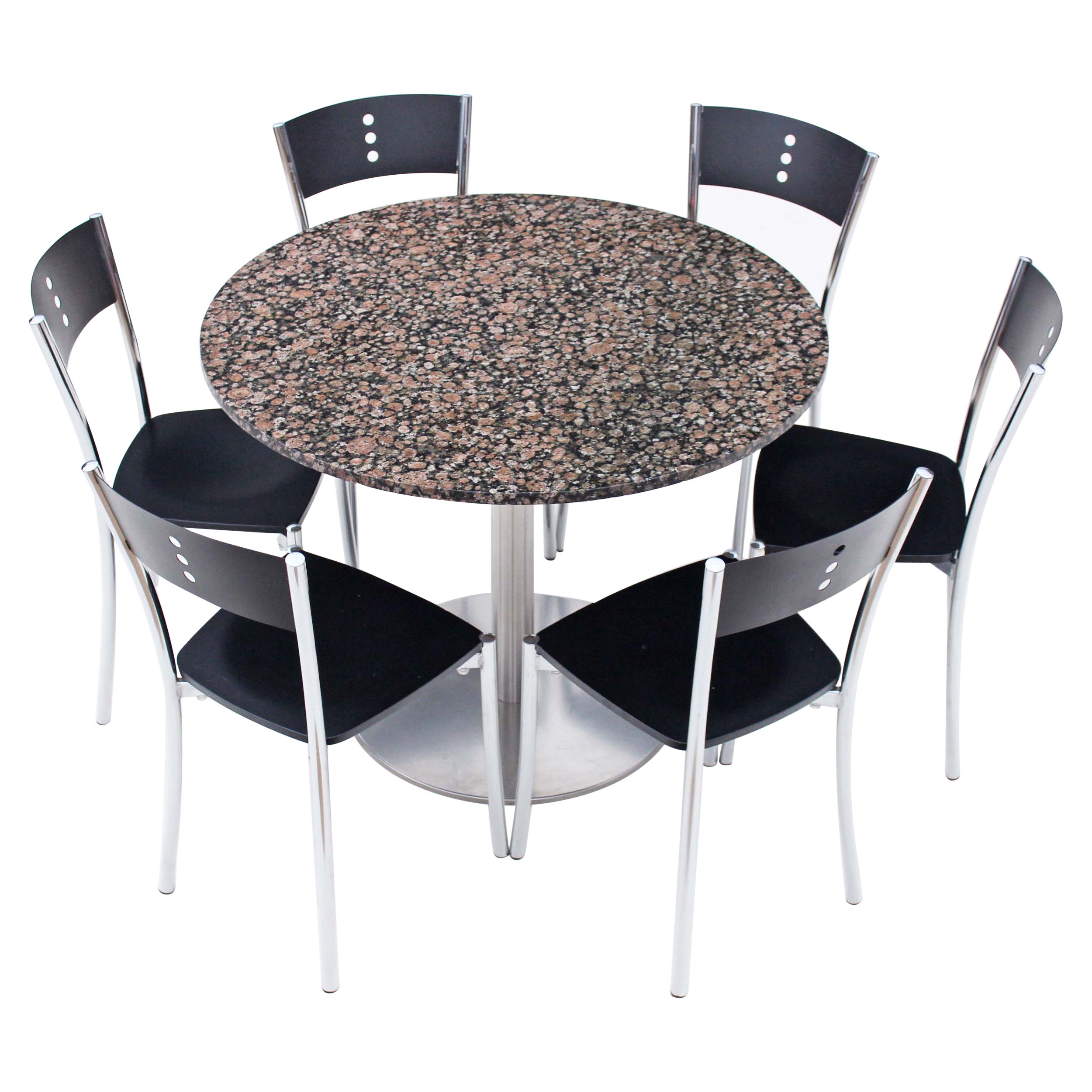 Retro vintage granite table and 6 chrome black dining bistro kitchen chairs For Sale