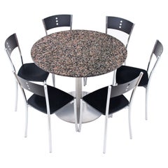 Table rétro vintage en granit et 6 chaises de cuisine bistro noires chromées pour salle à manger