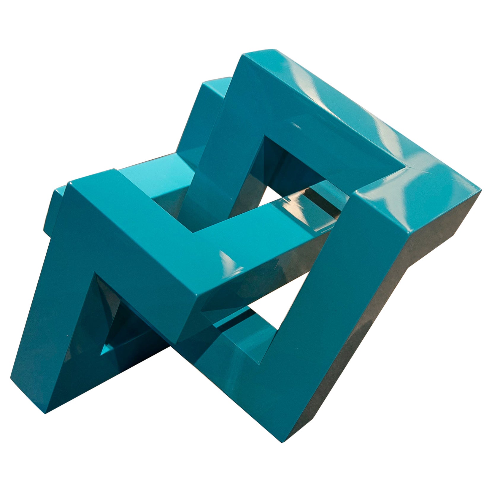 Modern Turquoise Blue Lacquered Wood Sculpture with Intertwined Straight Forms