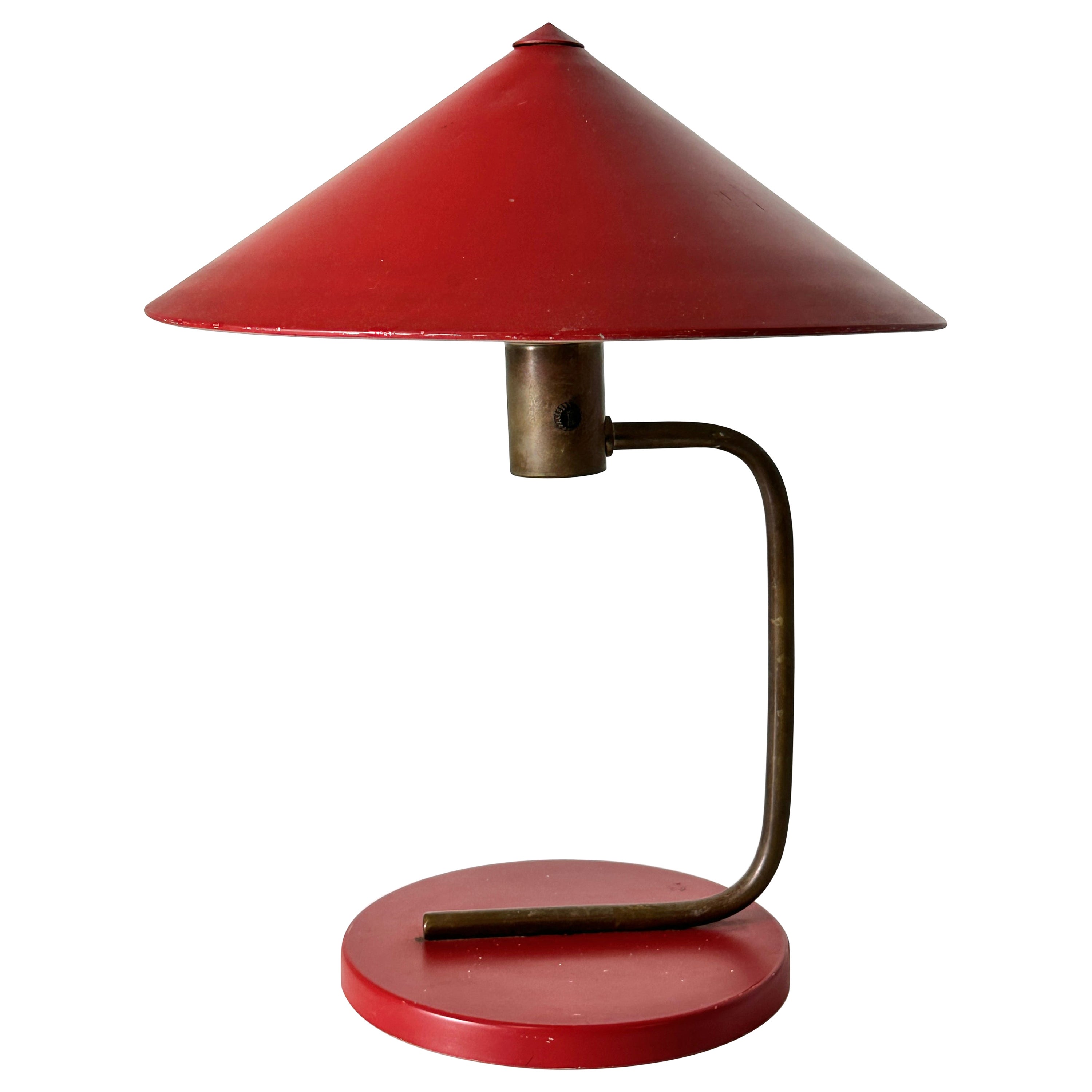 Walter Von Nessen Red Enamel and Brass Table Lamp 1930s Art Deco For Sale