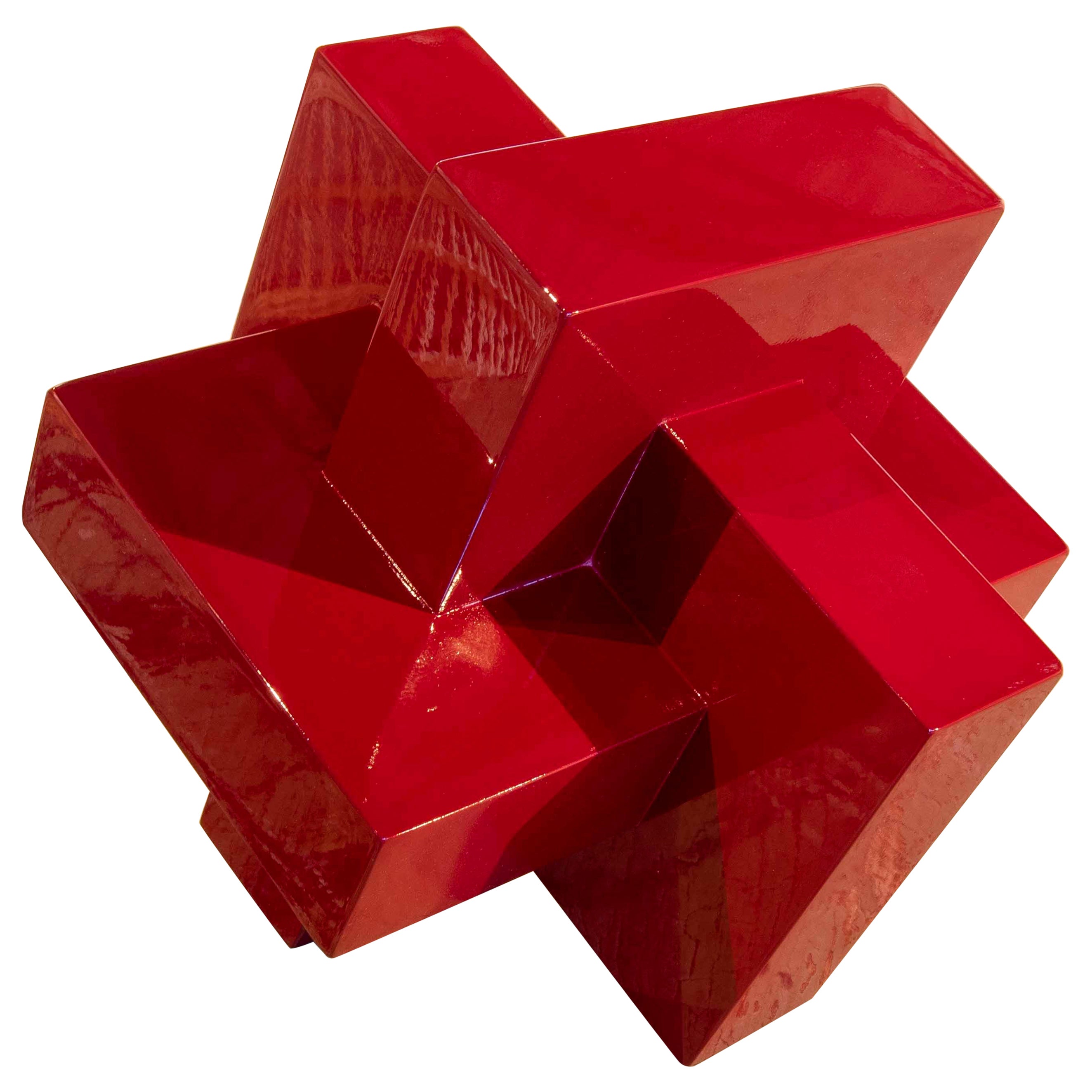 Modern Red Lacquered Wood Sculpture with Intertwined Straight Forms