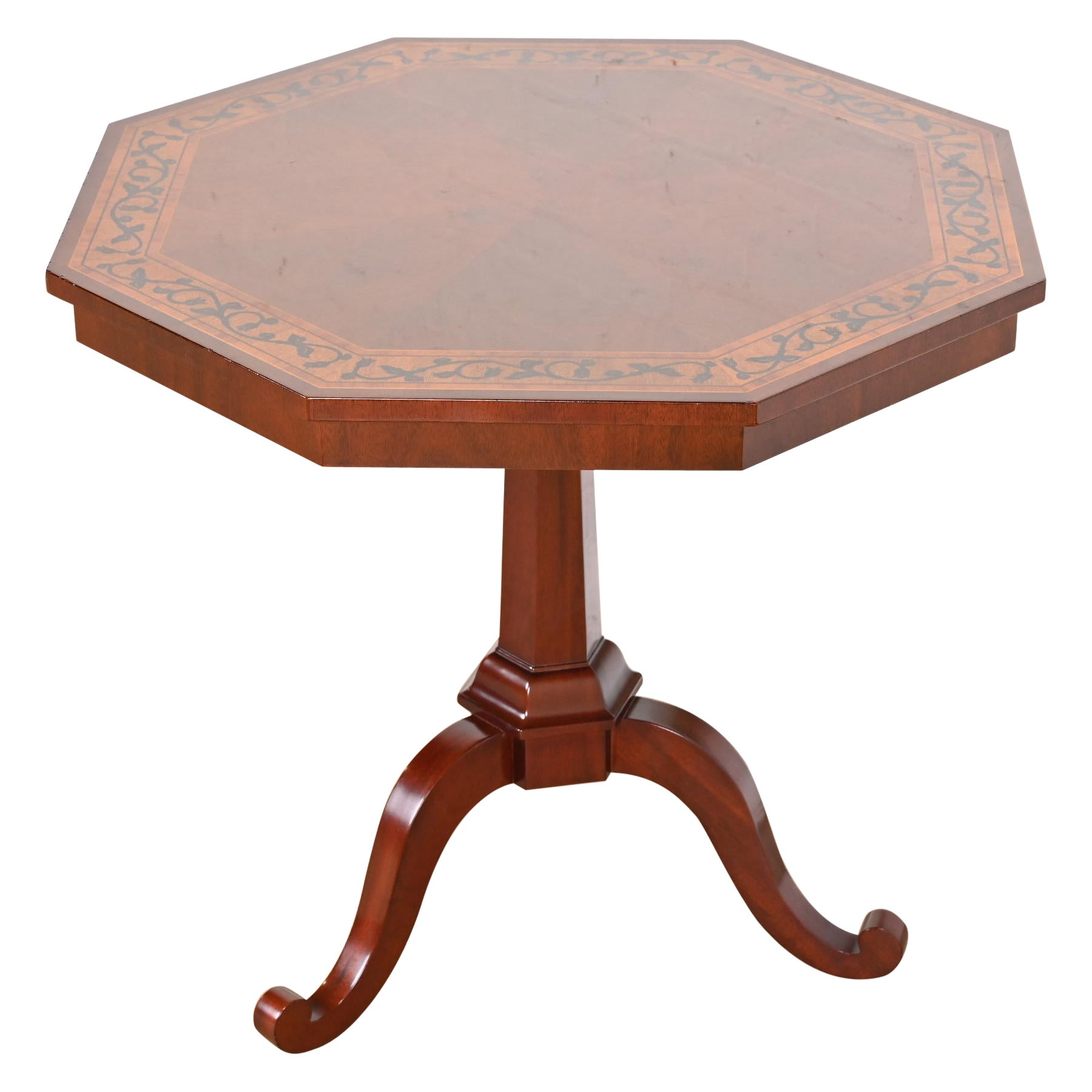 Kindel Furniture Regency Mahogany Inlaid Marquetry Pedestal Tea Table For Sale