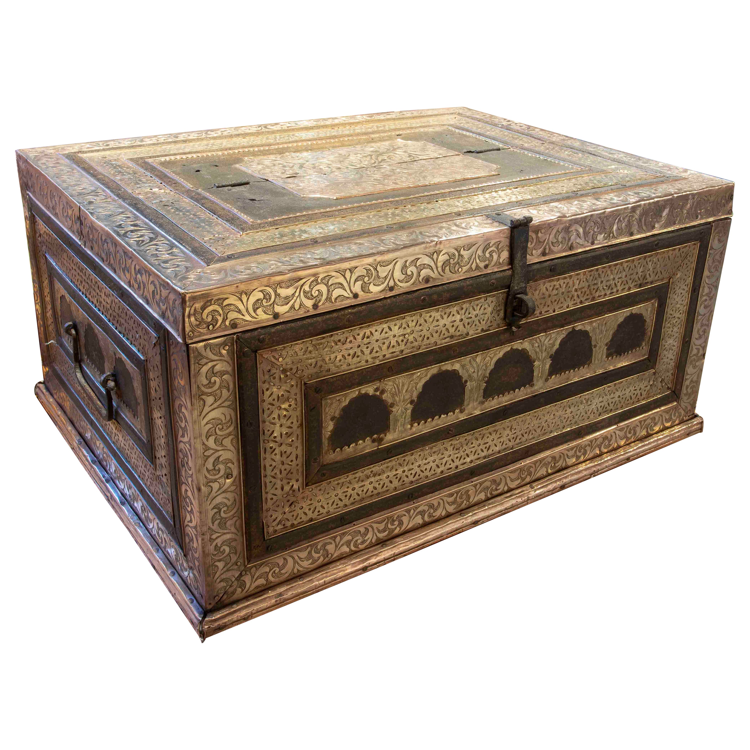 19th Century Indian Chest with Wooden Frame Covered in Embossed Brass  For Sale