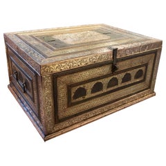 Antique 19th Century Indian Chest with Wooden Frame Covered in Embossed Brass 