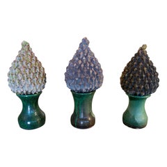 Three Ceramic Finials with Remnants of Glaze from the Pine Cones with Back Base