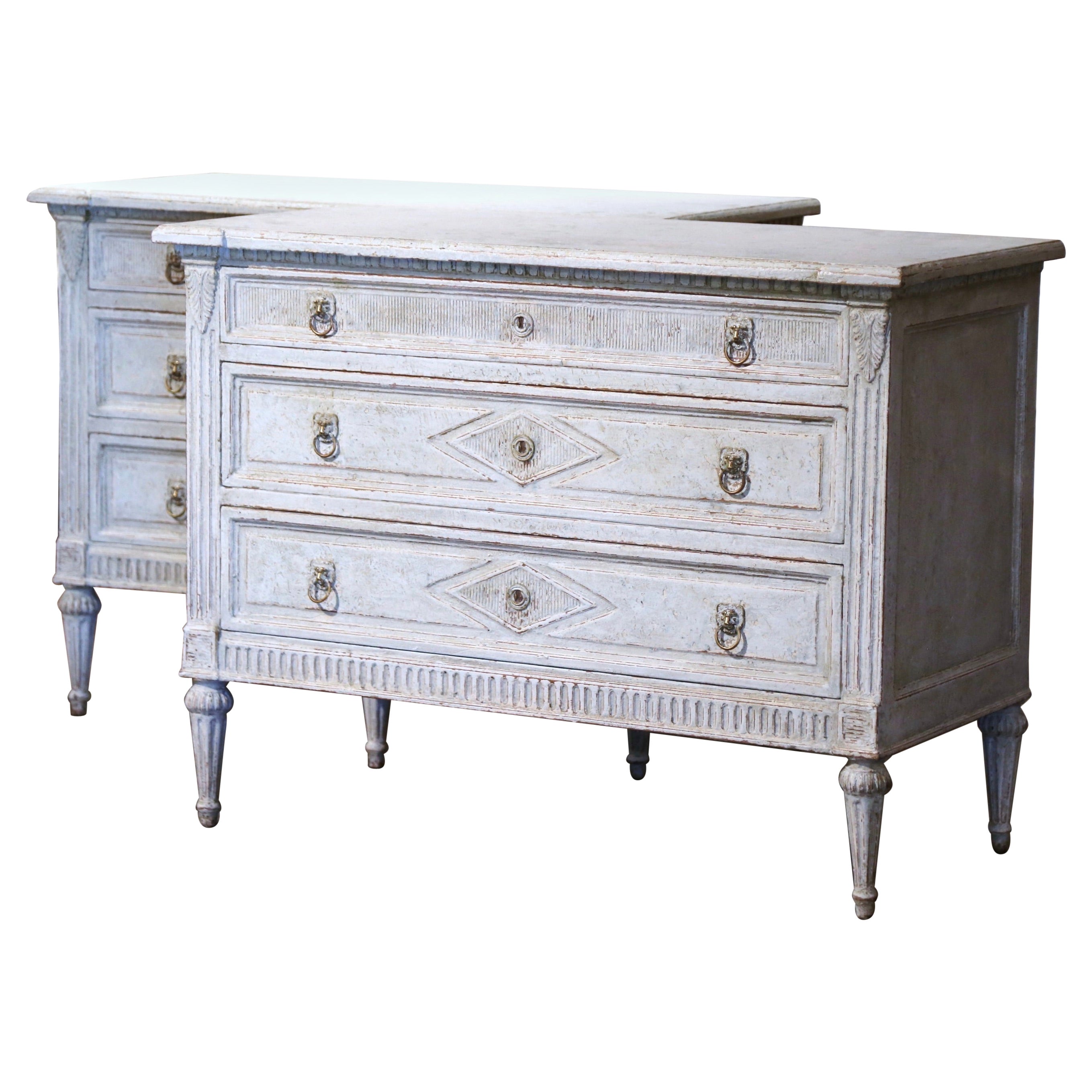 Pair of 19th Century Louis XVI Carved and Painted Three-Drawer Chests Commodes  For Sale