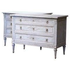 Pair of 19th Century Louis XVI Carved and Painted Three-Drawer Chests Commodes 