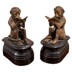 Pair of Bookends of Two Monkeys Reading in Bronze on Marble Base