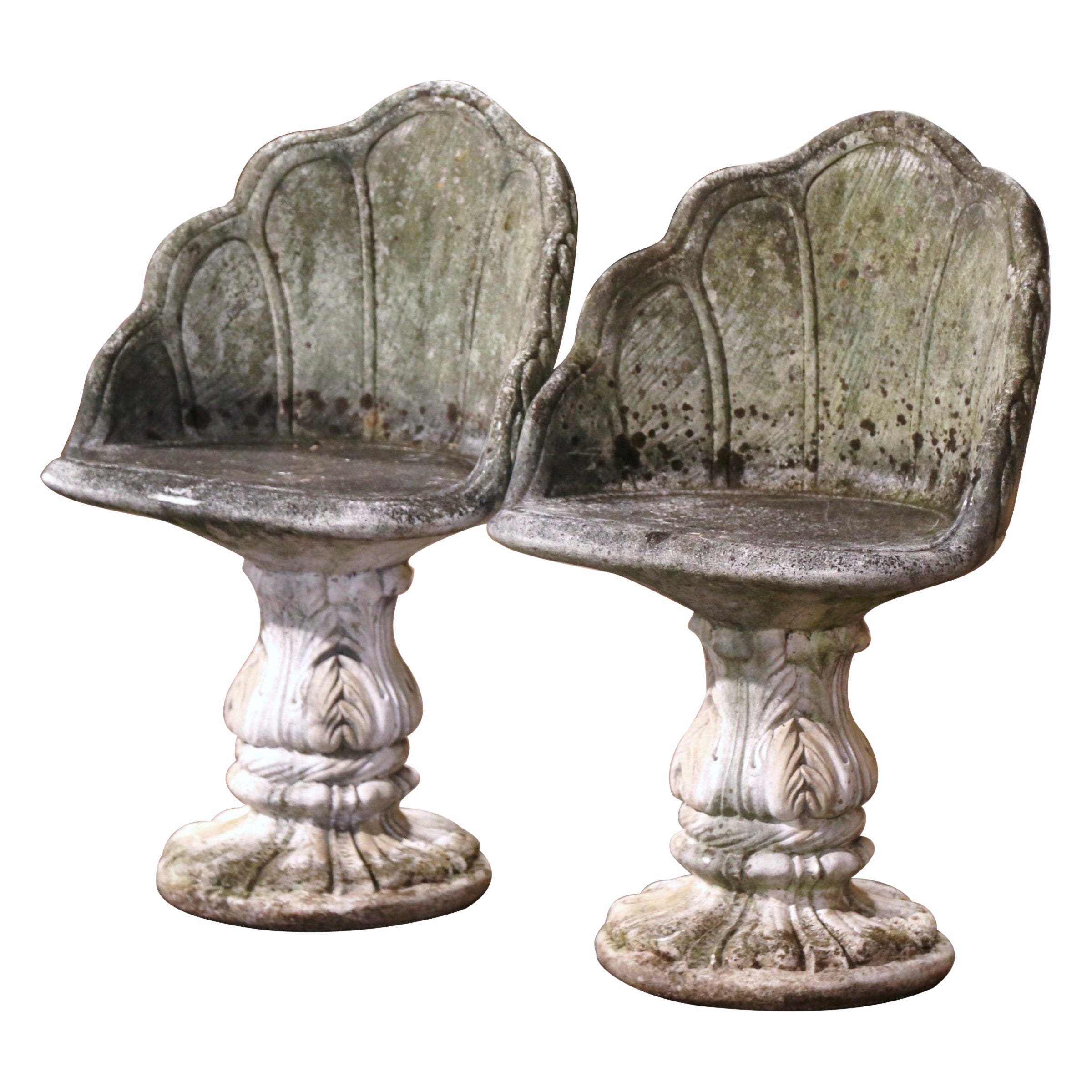 Pair of Mid Century Carved Stone Garden Chairs with Seashell Motifs For Sale