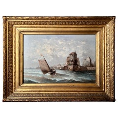 Huile ancienne sur toile Côte de la mer du Nord 19e siècle