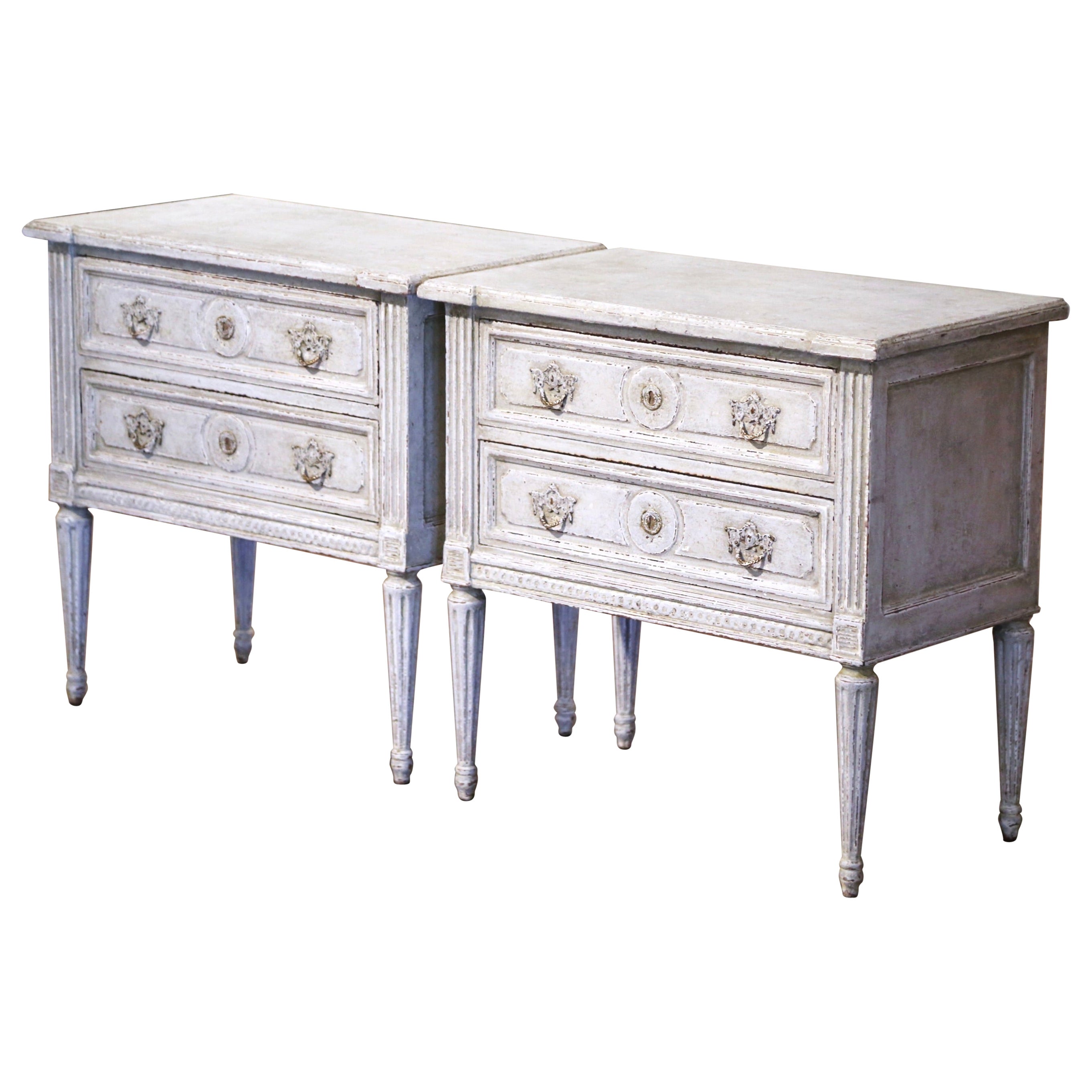 Pair 19th Century French Louis XVI Carved Painted Two-Drawer Chests Nightstands