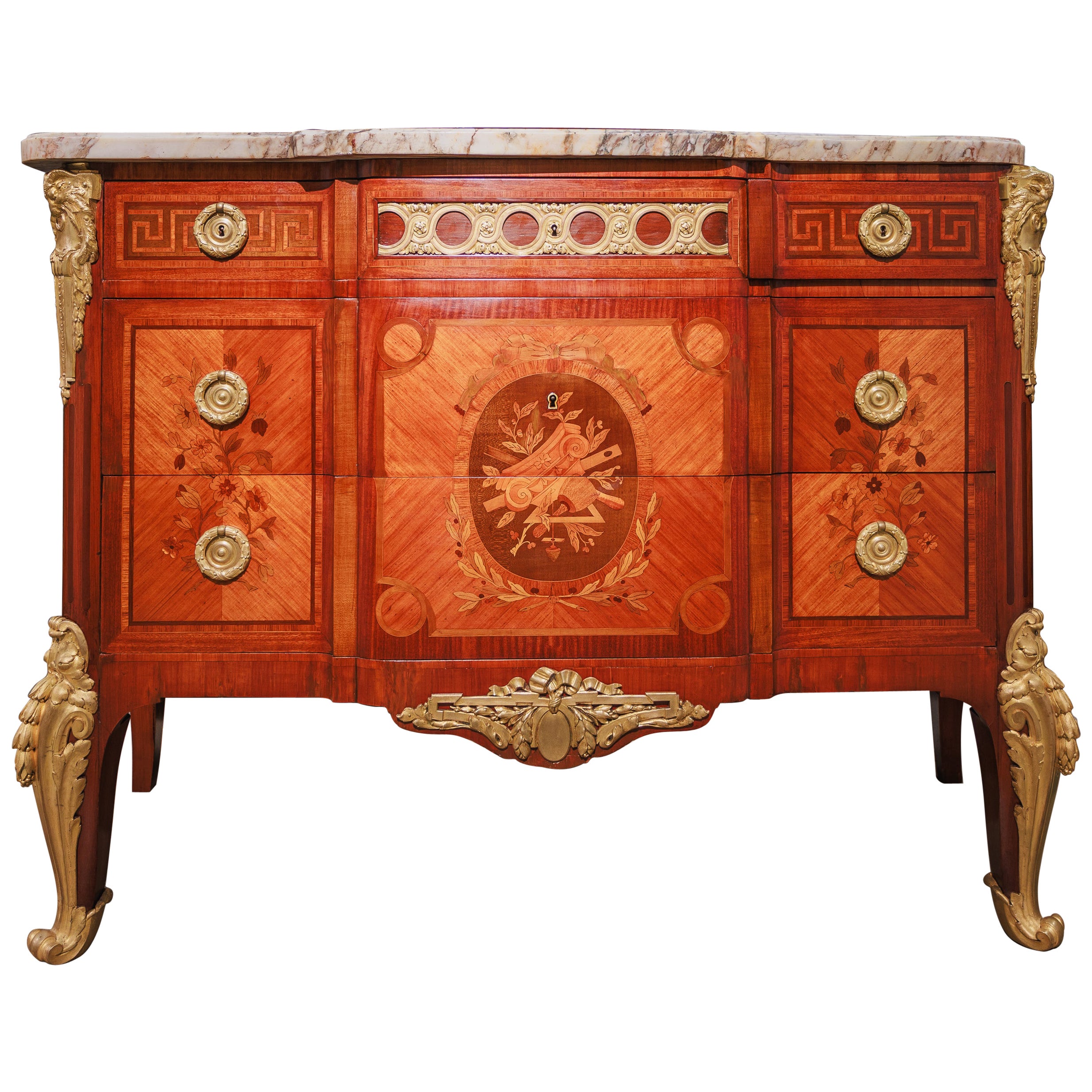 A  19th c French marquetry and gilt bronze mounted commode signed Henri Picard