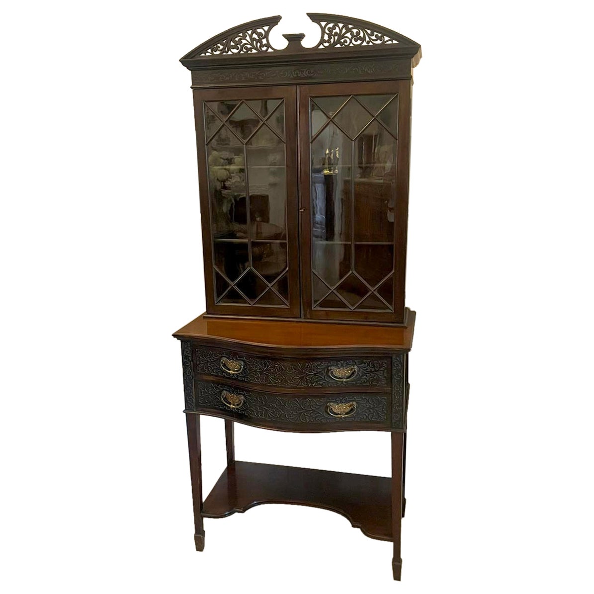 Antique Victorian Quality Carved Mahogany Display Cabinet  For Sale