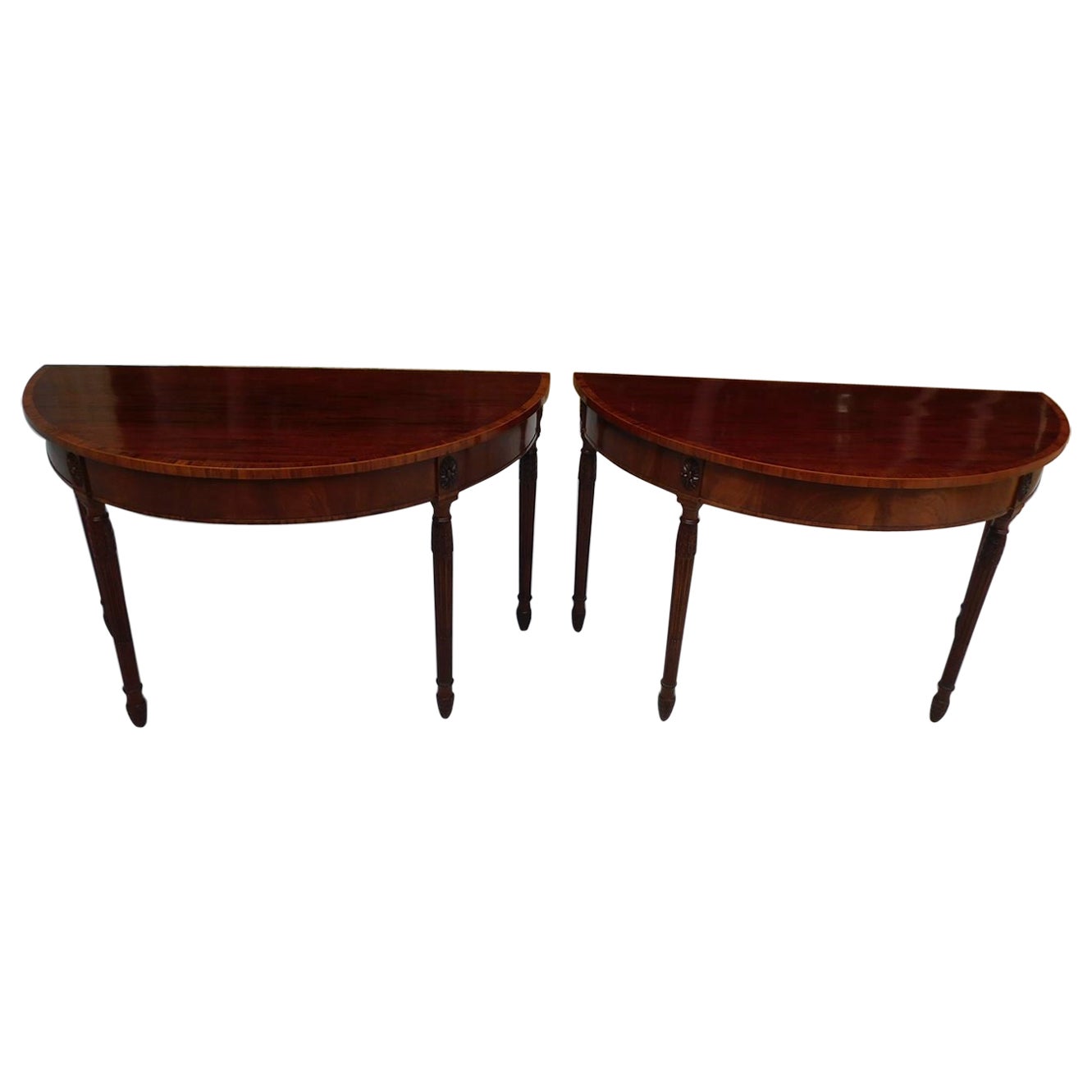 Pair of English Mahogany Demi-lune Consoles w/ Tulip Wood Cross Banding, C. 1780 For Sale