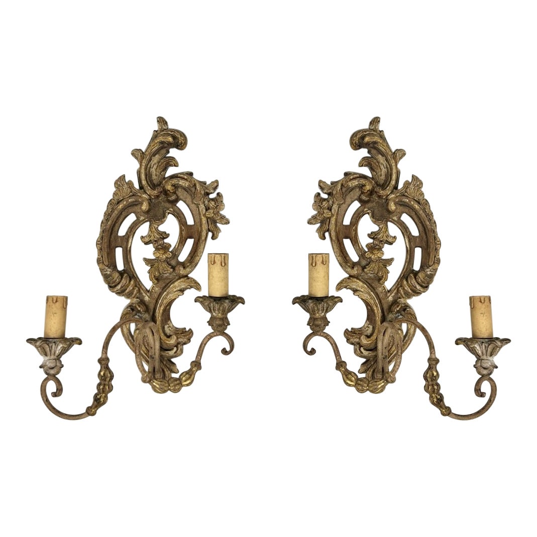 Pair Antique Carved Wood Painted Sconces 