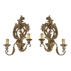 Pair Antique Carved Wood Painted Sconces 