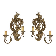 Pair Antique Carved Wood Painted Sconces