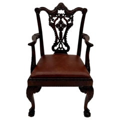 Vintage Especially Handsome Hand Carved Mahogany English Chippendale Style Armchair