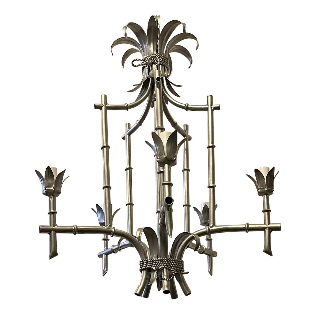 Wonderful Silver Gilt Tole Pagoda Bamboo Chinoiserie Chandelier Light Fixture For Sale