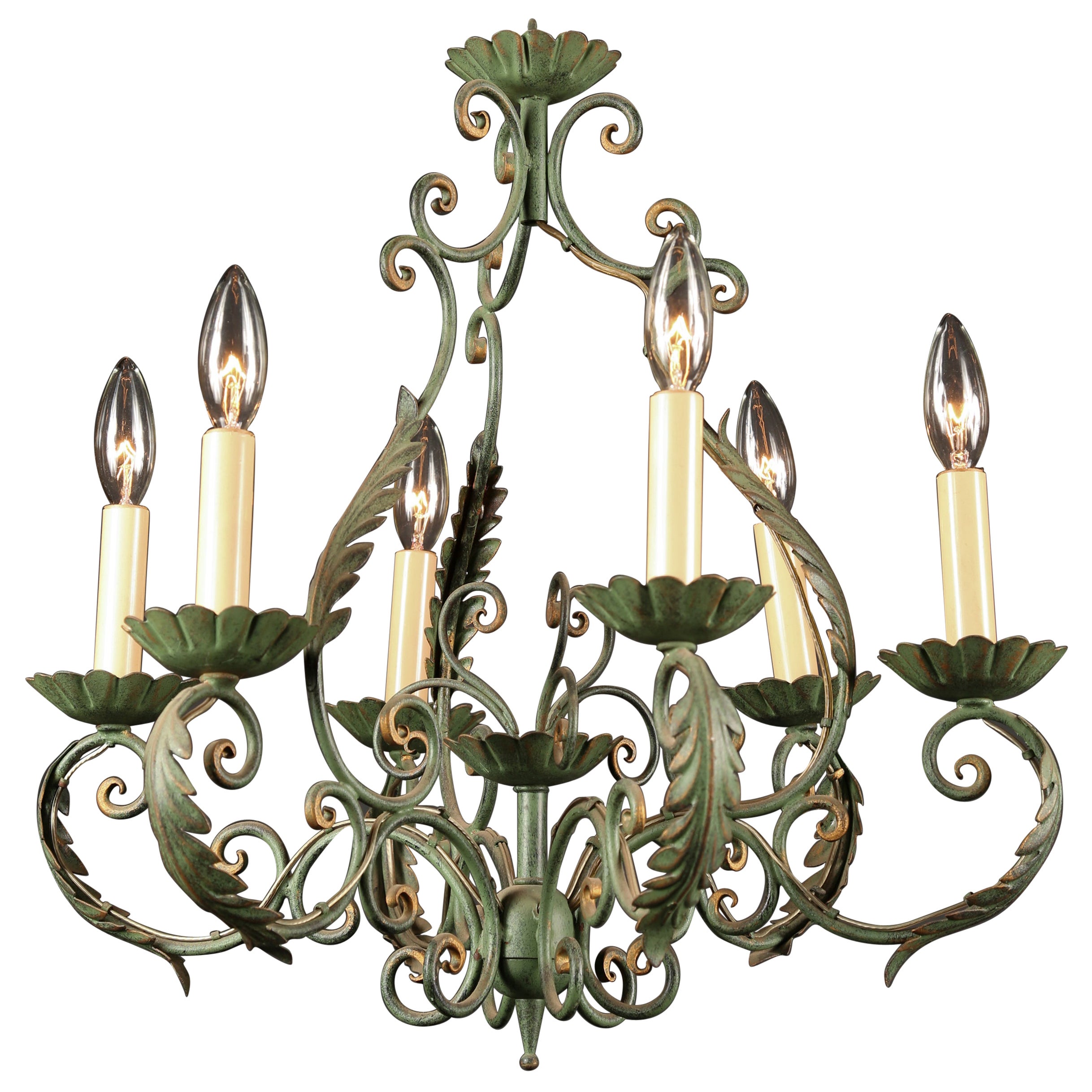 French Rustic Wrought Iron Chandelier, Louis XV Style, Mid 20th Century, Green For Sale