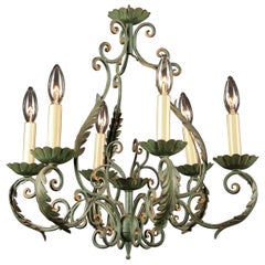 Vintage French Rustic Wrought Iron Chandelier, Louis XV Style, Mid 20th Century, Green