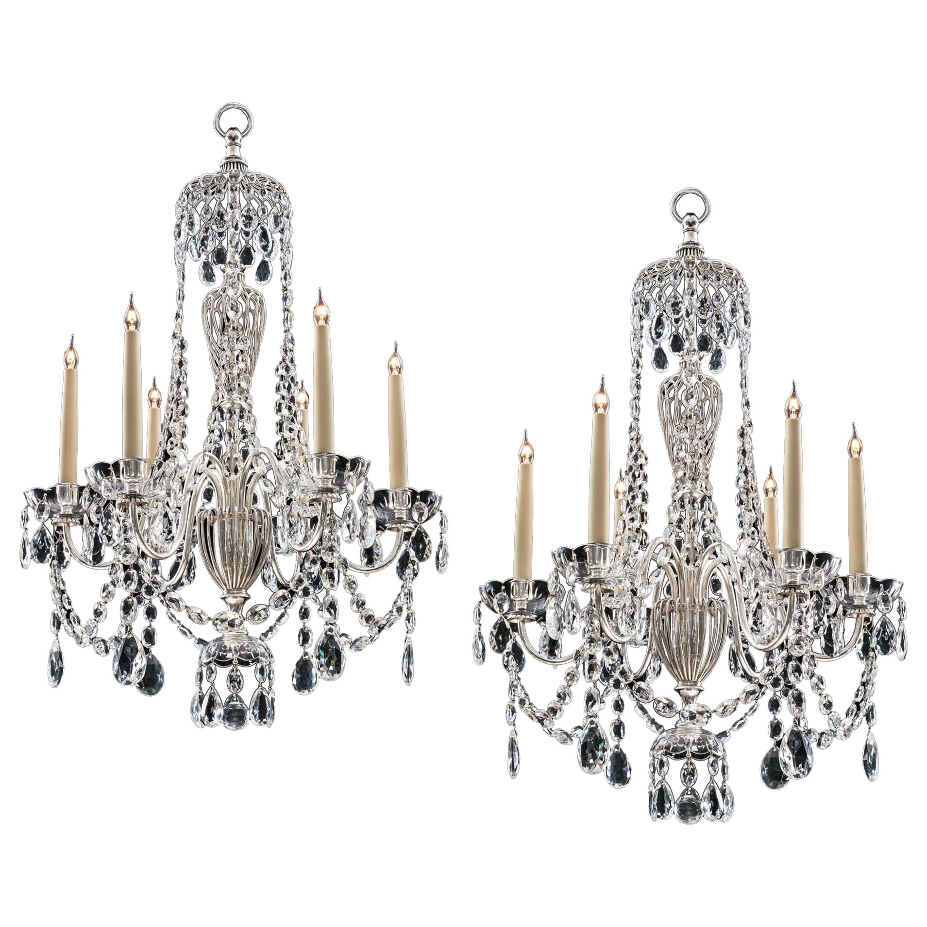 A Pair Of Silvered and Crystal Chandeliers By Osler & Faraday  For Sale