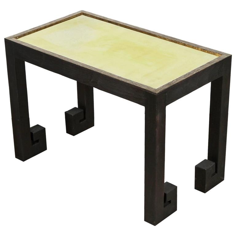 Distressed Pair Greek Key Tables with Brass Metal Inset For Sale at 1stdibs