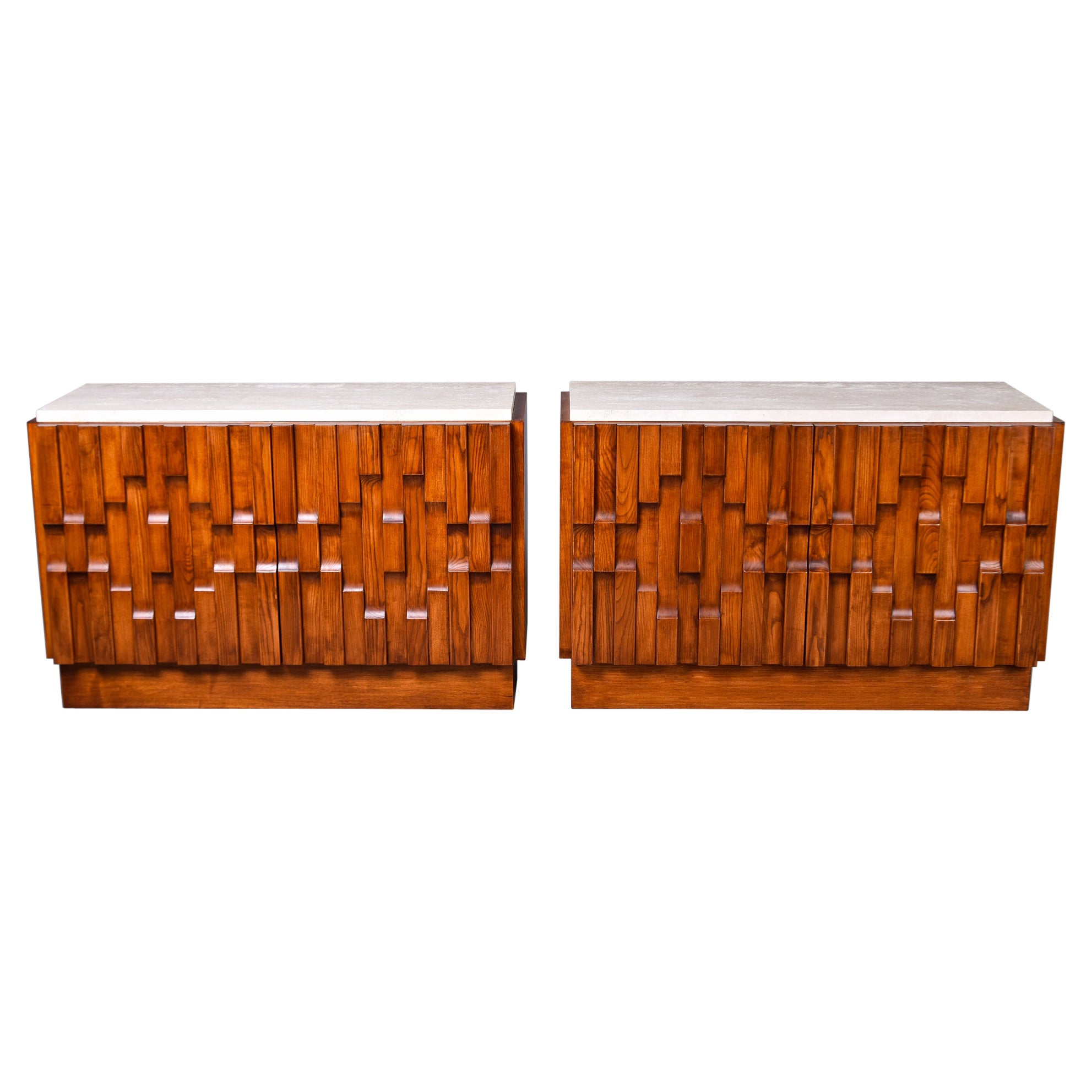Pair Bespoke Brutalist Style Oak Chests with Travertine Tops   Cabinets without  For Sale