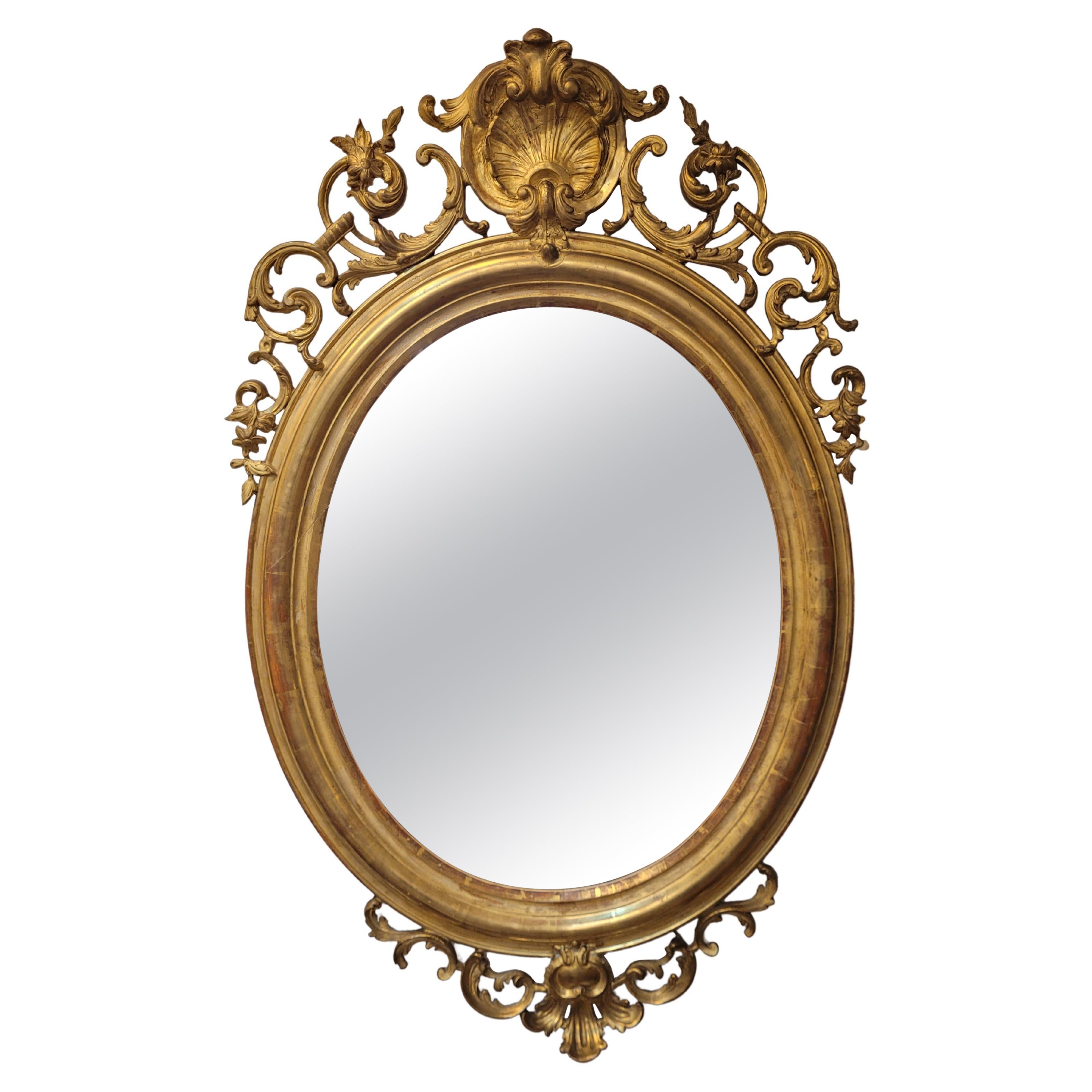 Napoleón III, French Gildwood Mirror, oval , floral carved gildwood