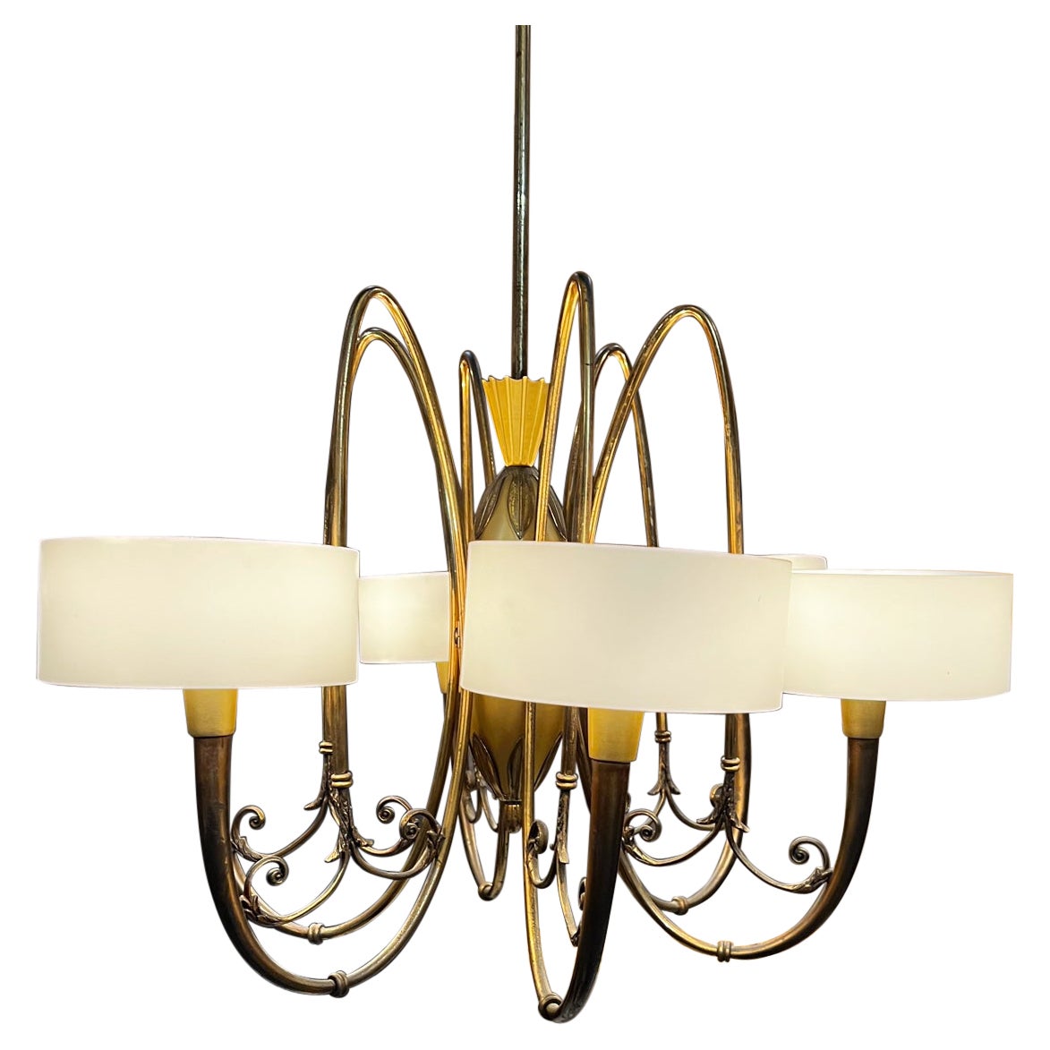 1950s Elegance Sculptural Six Arm Chandelier Multi Tone Brass Italy For Sale