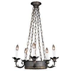 French Used Empire Iron and Tole Chandelier, Late 19th Century 
