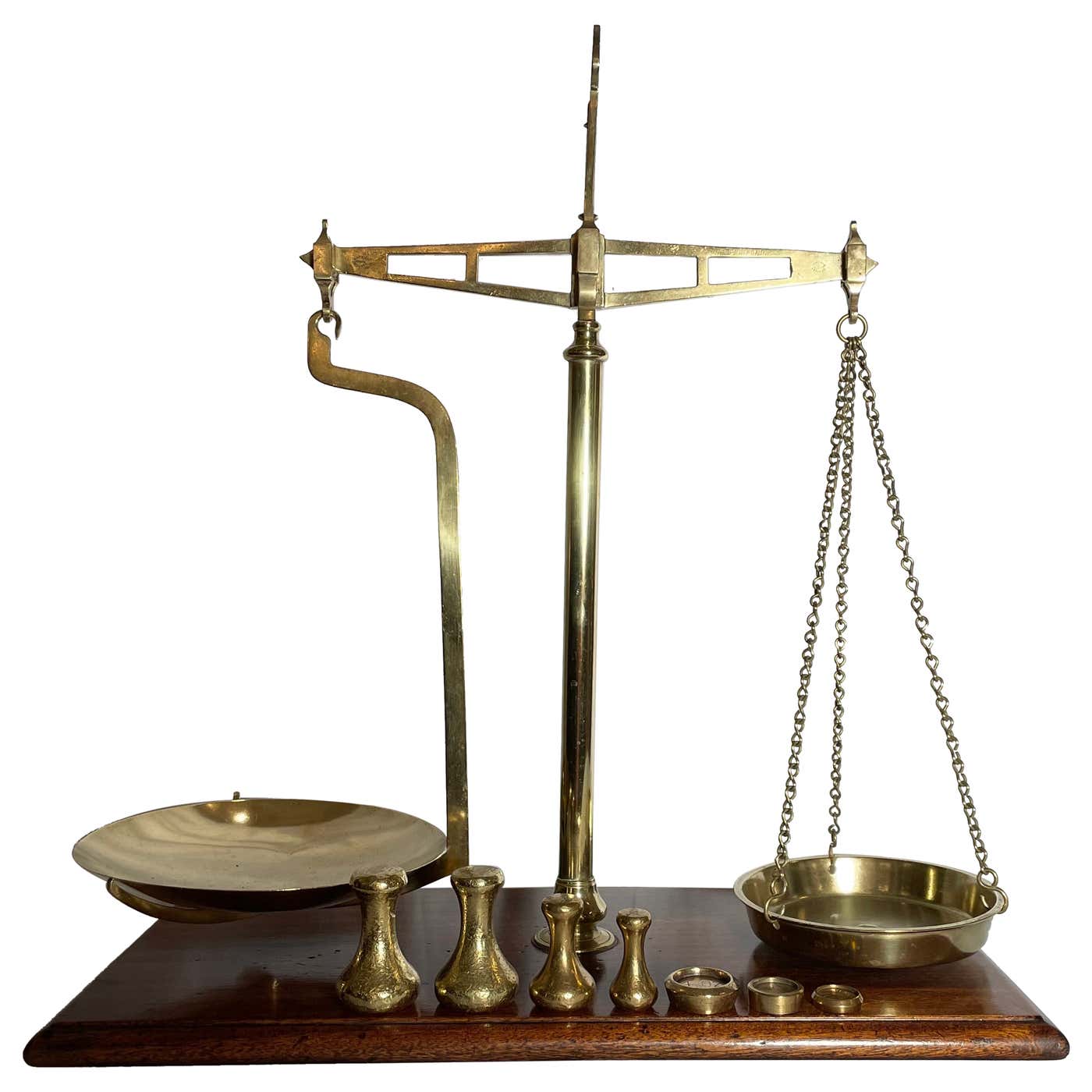 Antique Brass and Wood Set of Scales with Assorted Weights For Sale at ...