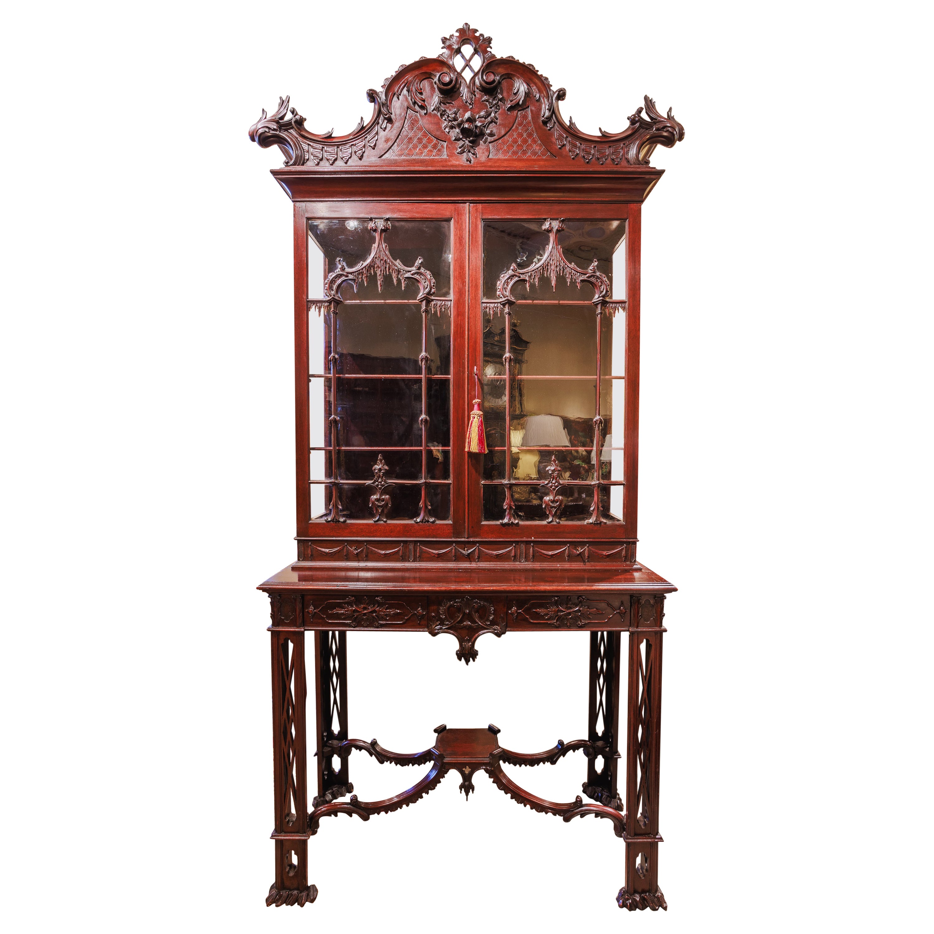A fine 19th c Chinese Chippendale mahogany carved viewing vitrine For Sale