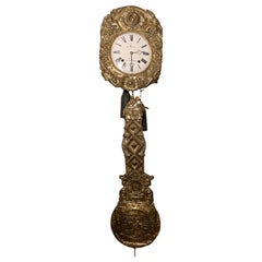 Antique French 19th Century Brass Wag at the Wall Clock and Pendulum
