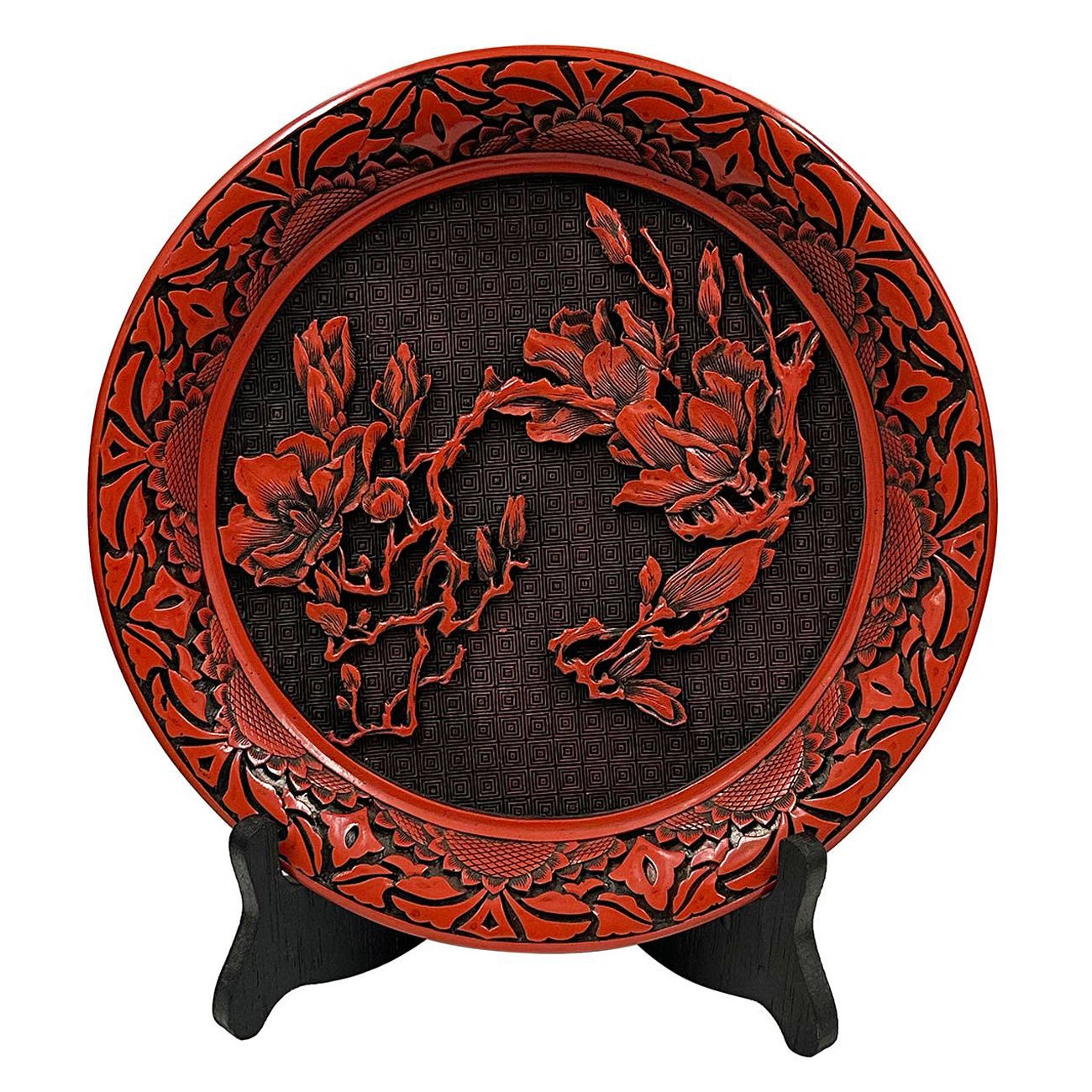 Mid-20th Century Chinese Hand Carved Cinnabar Lacquer Plate For Sale