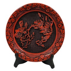 Vintage Mid-20th Century Chinese Hand Carved Cinnabar Lacquer Plate
