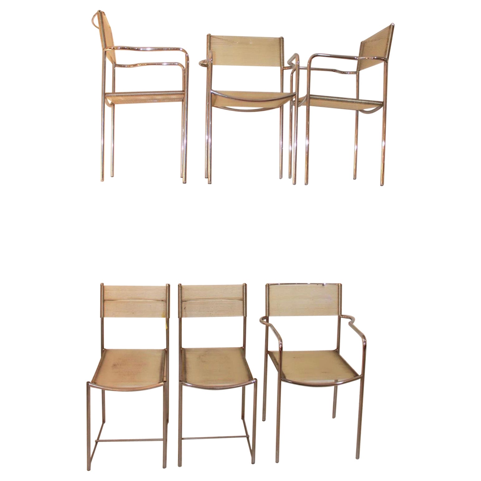 Ensemble de six chaises en acier chromé Alias Spaghetti, fabriquées en Italie