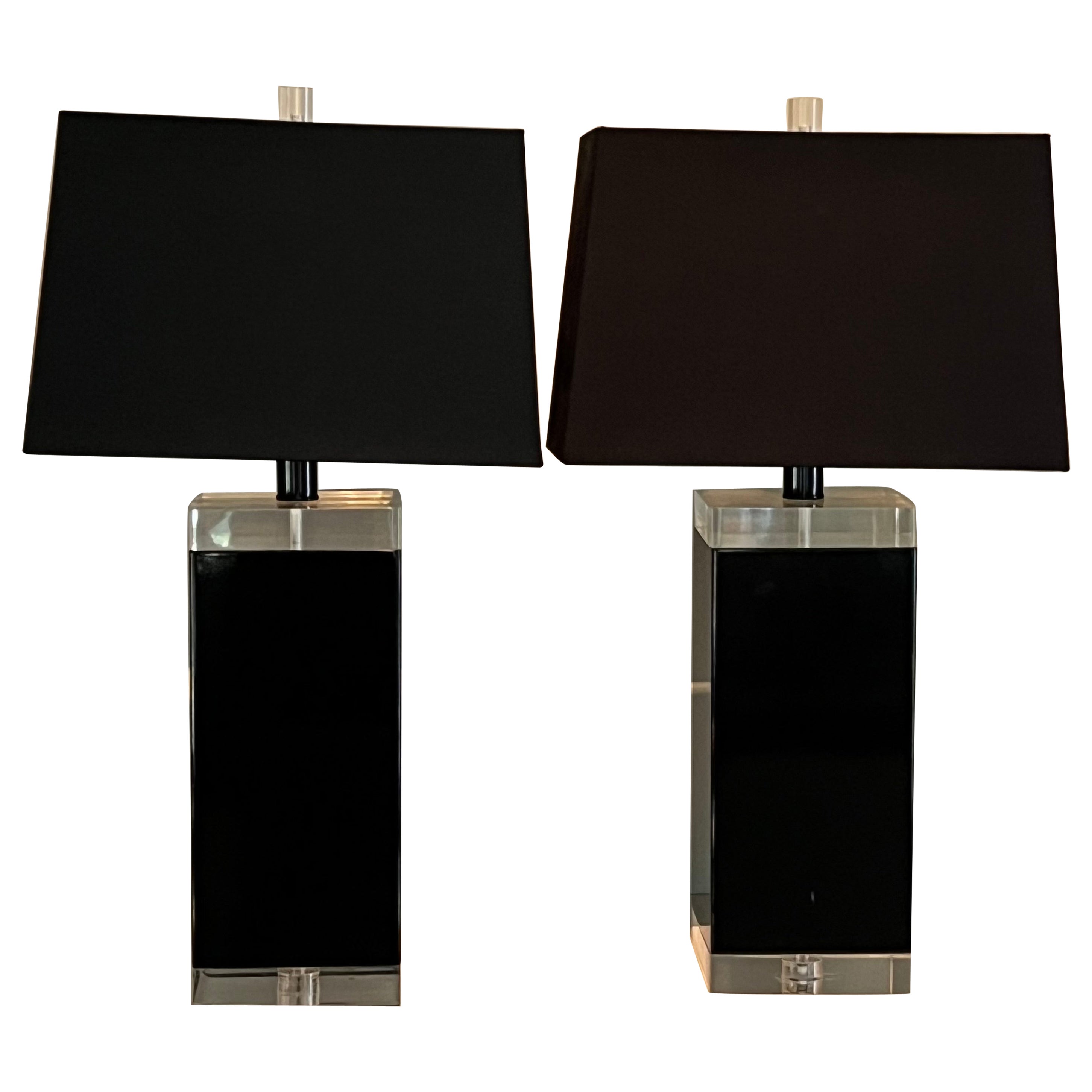 Pair of Black and Clear Acrylic Mid Century Table Lamps with Shades For Sale